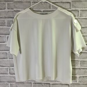 ZARA Women White Short Sleeve Pull Over Top small Silver Button Shoulder Detail